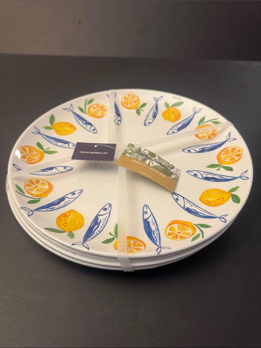 TOMMY BAHAMA Set of 4 Melamine Fish & Lemon Dinner Plates - 11"